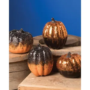 Bethany Lowe 4" Tall Ombre Black Orange Glitter Halloween Pumpkin Figures Set of 4