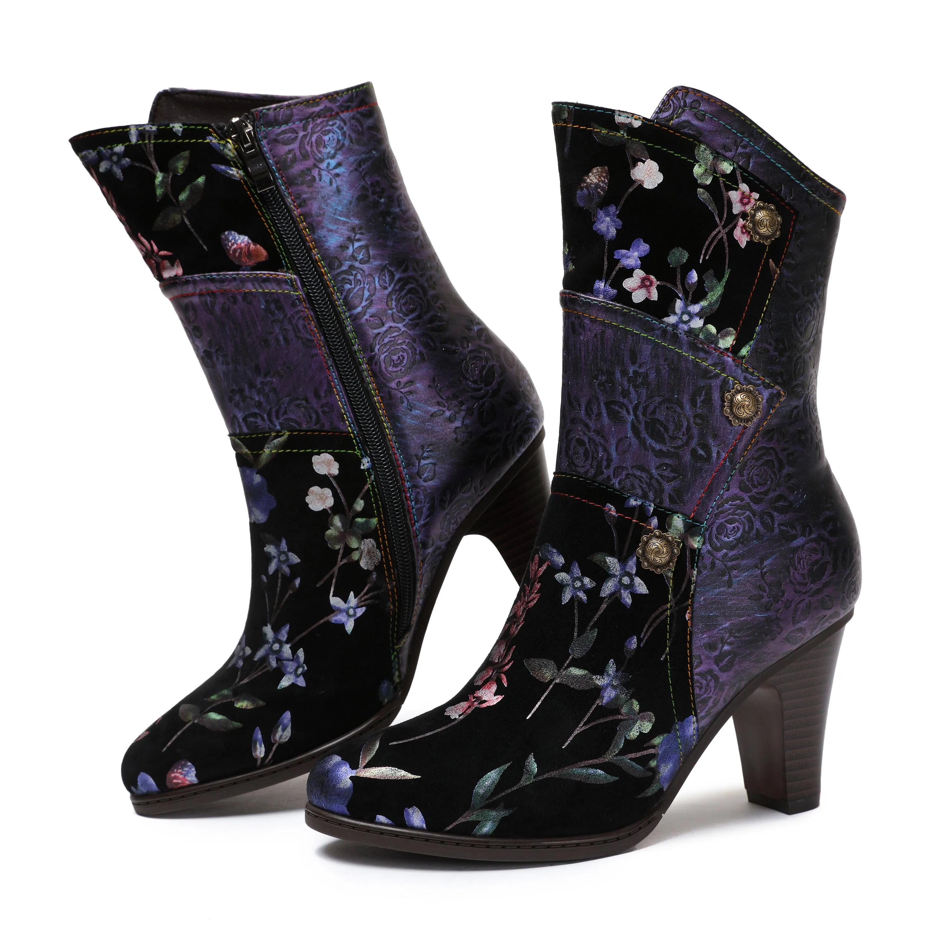 CrazycatZ Womens Leather Ankle Boots Bohemian Block Heel Colorful Floral Leather Boots Purple Flower