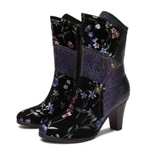 CrazycatZ Womens Leather Ankle Boots Bohemian Block Heel Colorful Floral Leather Boots Purple Flower