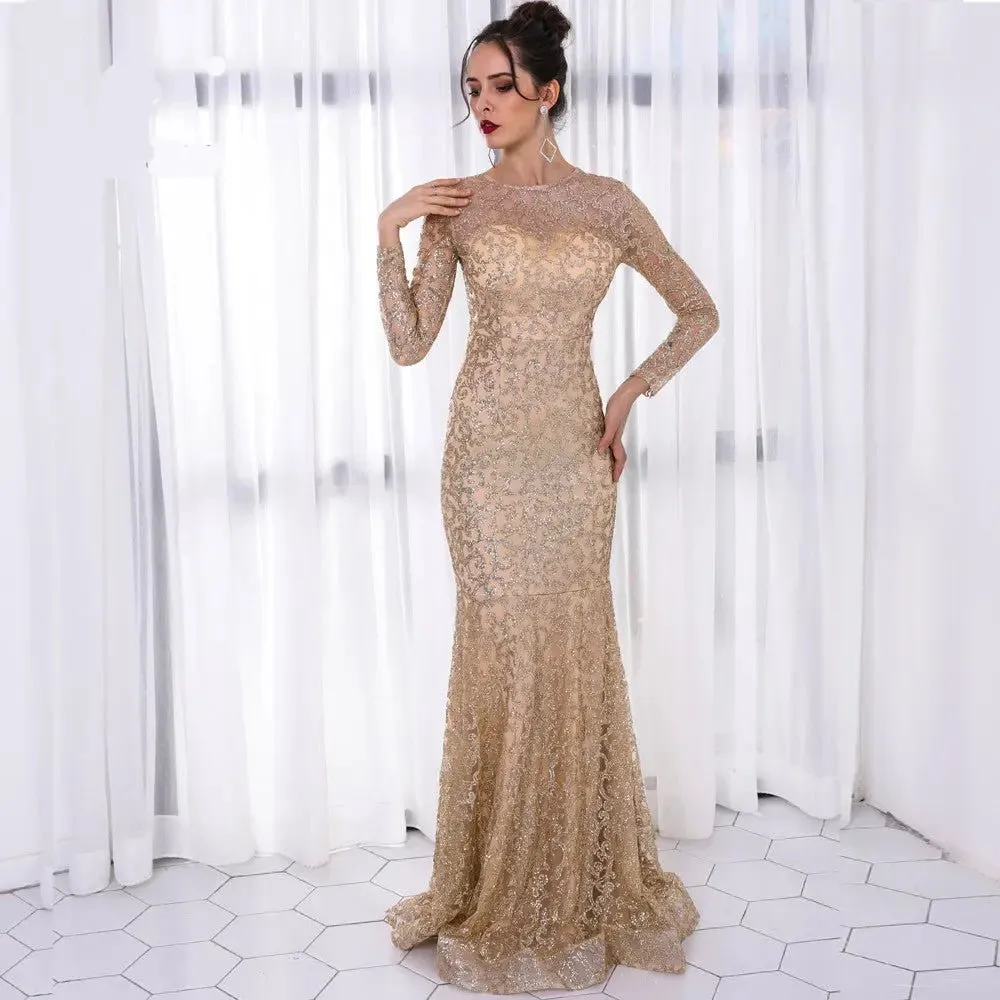 Elegant O Neck Long Sleeve Pattern Glitter  Dress