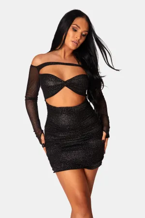 Glitter Mesh Cutaway Mini Dress Black