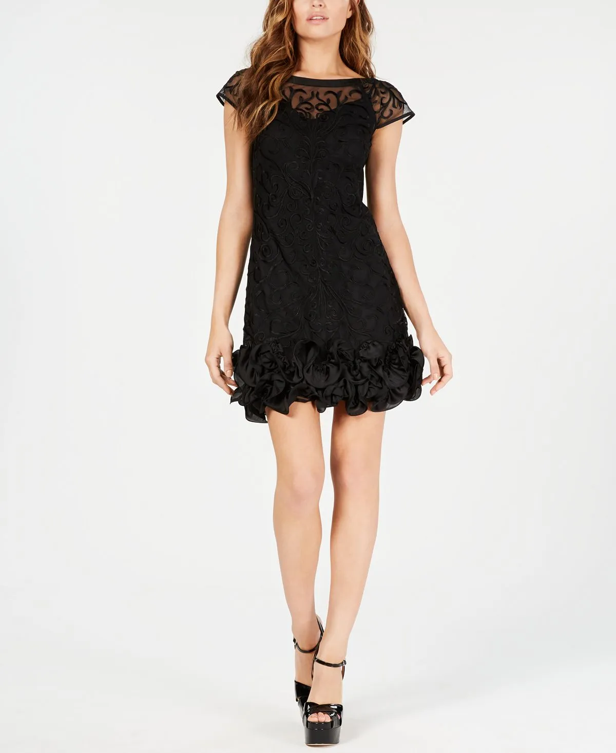 GUESS Lace Floral Ruffle Sheath Dress, Black