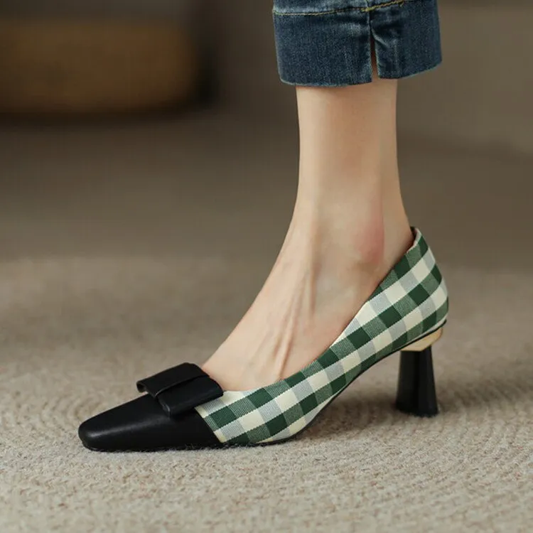 New Spring Women Green Plaid Pumps Square Toe Shallow Formal Dress Stilettos 7cm High Heels Lady Prom Zapatos De Tacon Femme