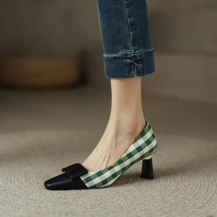 New Spring Women Green Plaid Pumps Square Toe Shallow Formal Dress Stilettos 7cm High Heels Lady Prom Zapatos De Tacon Femme