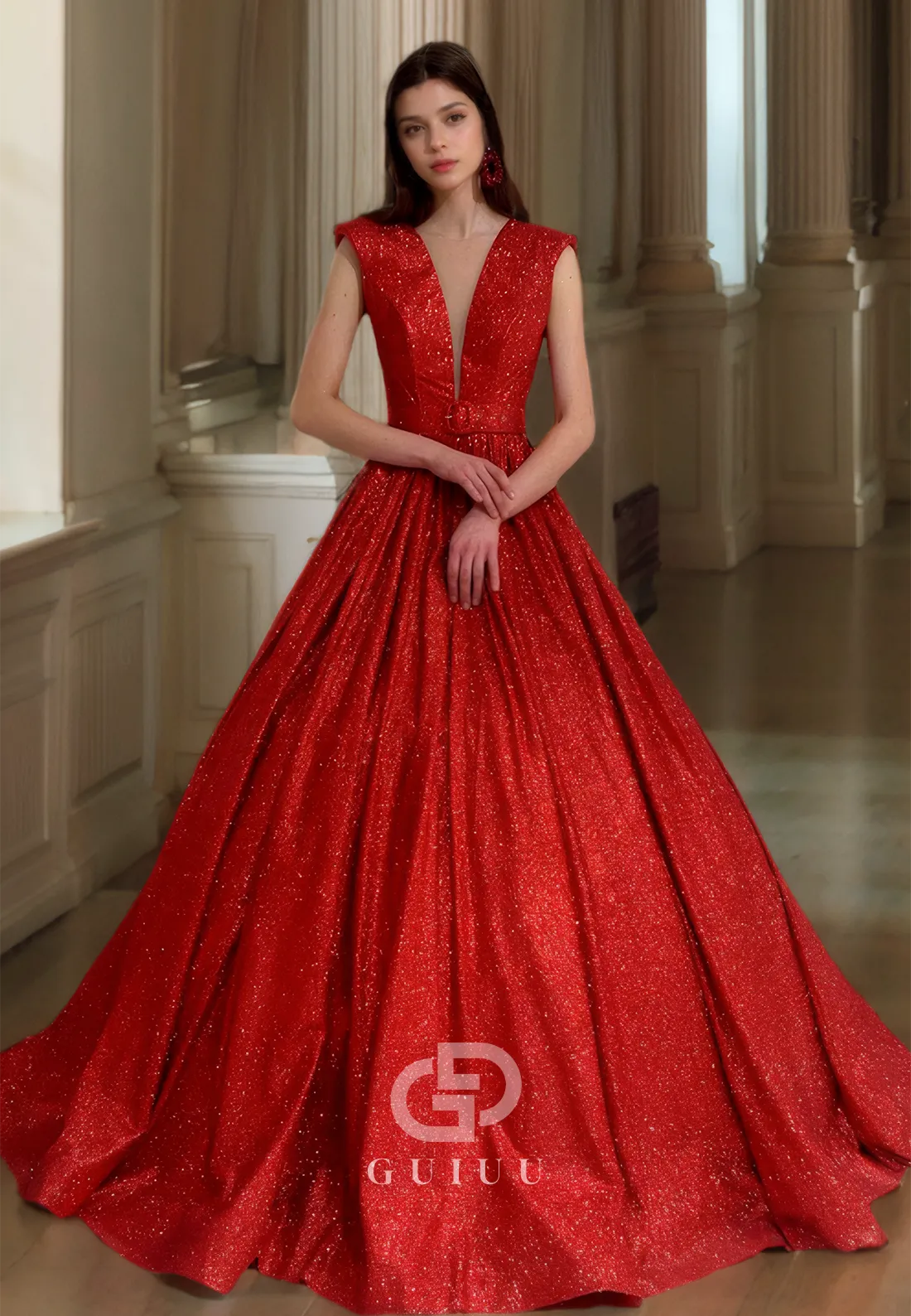 Plunging Deep V neck Cap Sleeves Red Sparkly Prom Party Dress Ball Gown