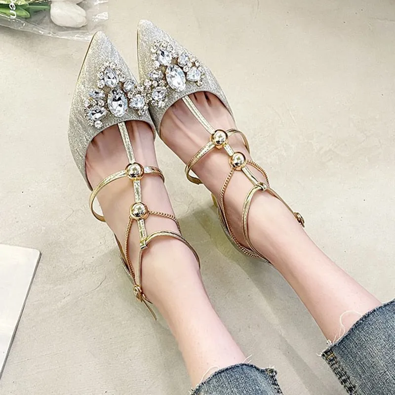 Rimocy Fashion Crystal Party Shoes Ladies   Sexy Pointed Toe Thin Heels Pumps Women T-strap Metal Chain High Heel Shoes Woman