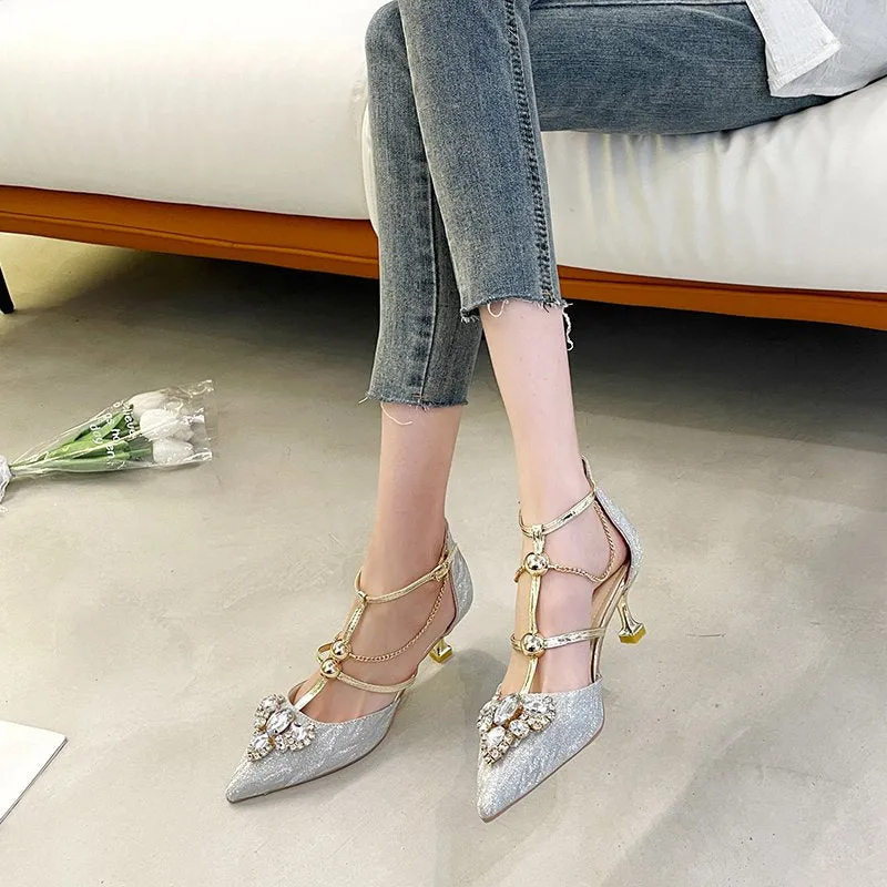 Rimocy Fashion Crystal Party Shoes Ladies   Sexy Pointed Toe Thin Heels Pumps Women T-strap Metal Chain High Heel Shoes Woman