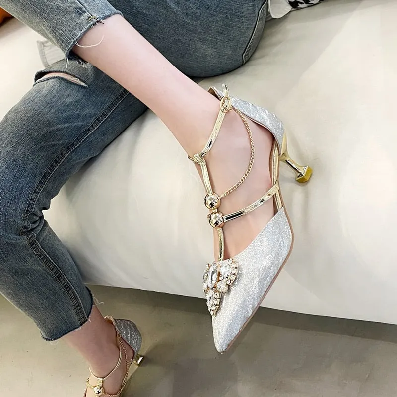 Rimocy Fashion Crystal Party Shoes Ladies   Sexy Pointed Toe Thin Heels Pumps Women T-strap Metal Chain High Heel Shoes Woman