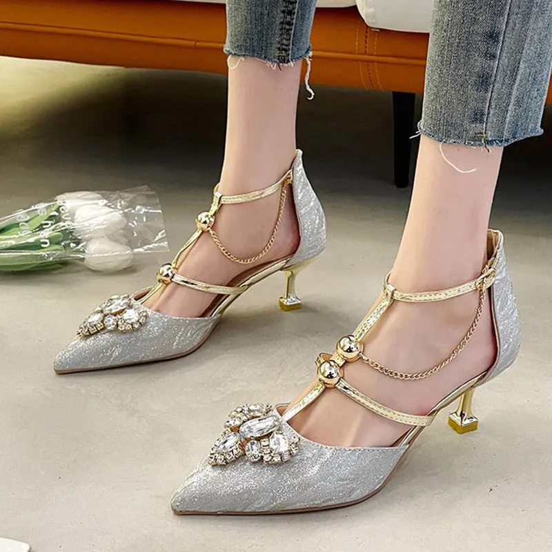 Rimocy Fashion Crystal Party Shoes Ladies   Sexy Pointed Toe Thin Heels Pumps Women T-strap Metal Chain High Heel Shoes Woman