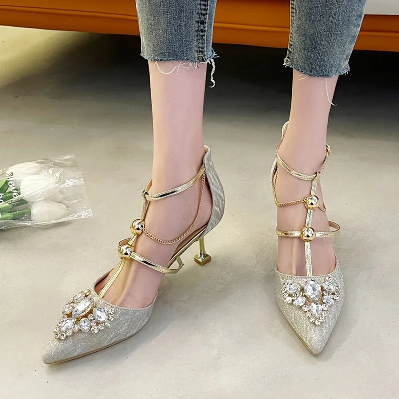 Rimocy Fashion Crystal Party Shoes Ladies   Sexy Pointed Toe Thin Heels Pumps Women T-strap Metal Chain High Heel Shoes Woman