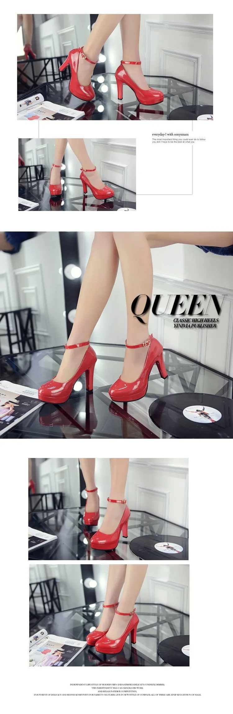 Women Ankle Strap 9CM High Heels Patent Leather Round Toe High Heels - WSHP50057